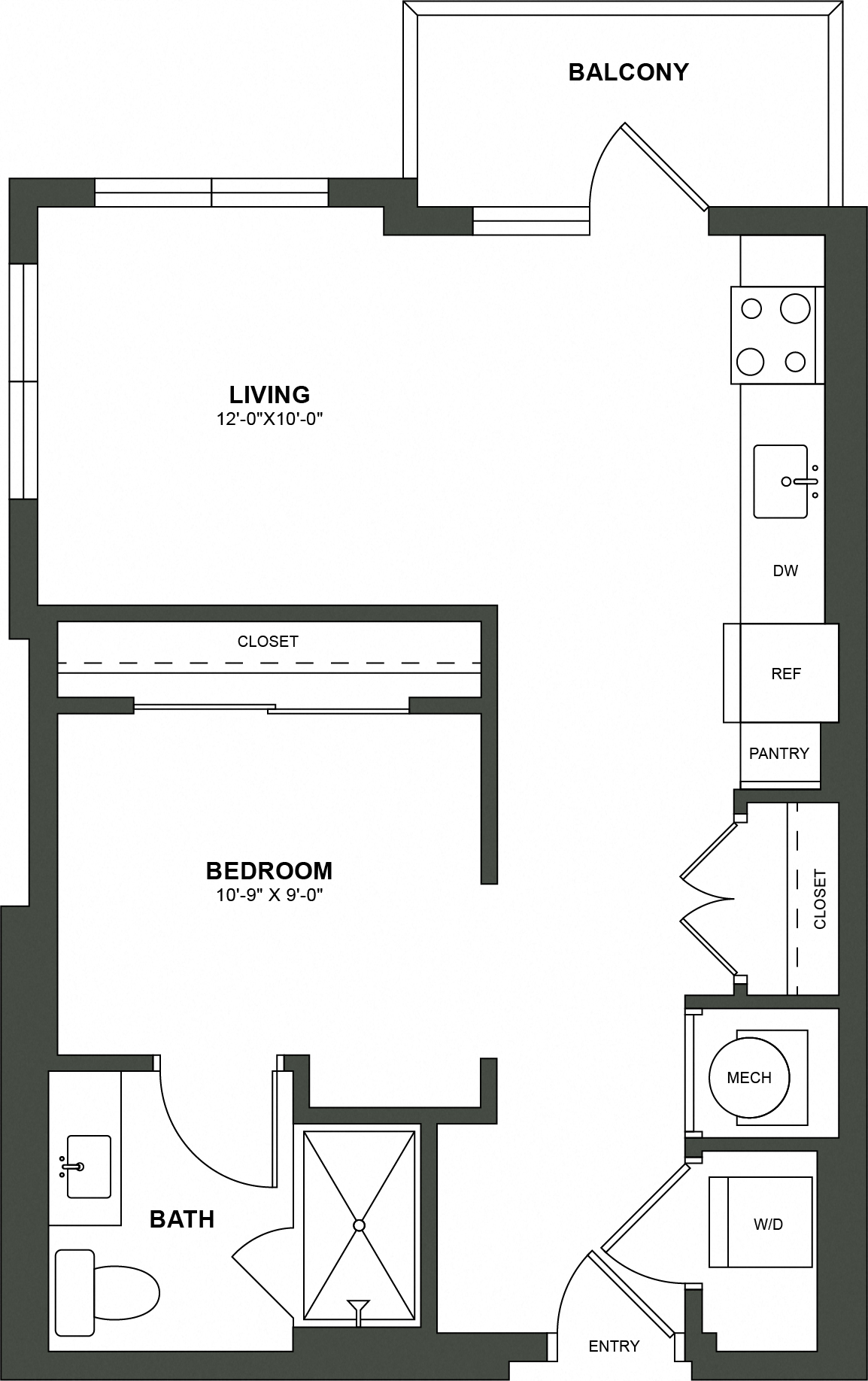 Floor plan for studio, 1 bath, 637 sqft